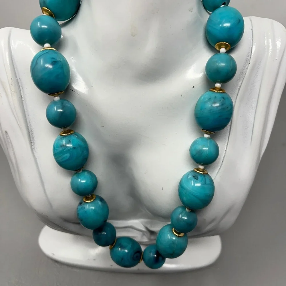 Vintage‎ Blue Marbled Bead Necklace Gold Tone Caps and Clasp
